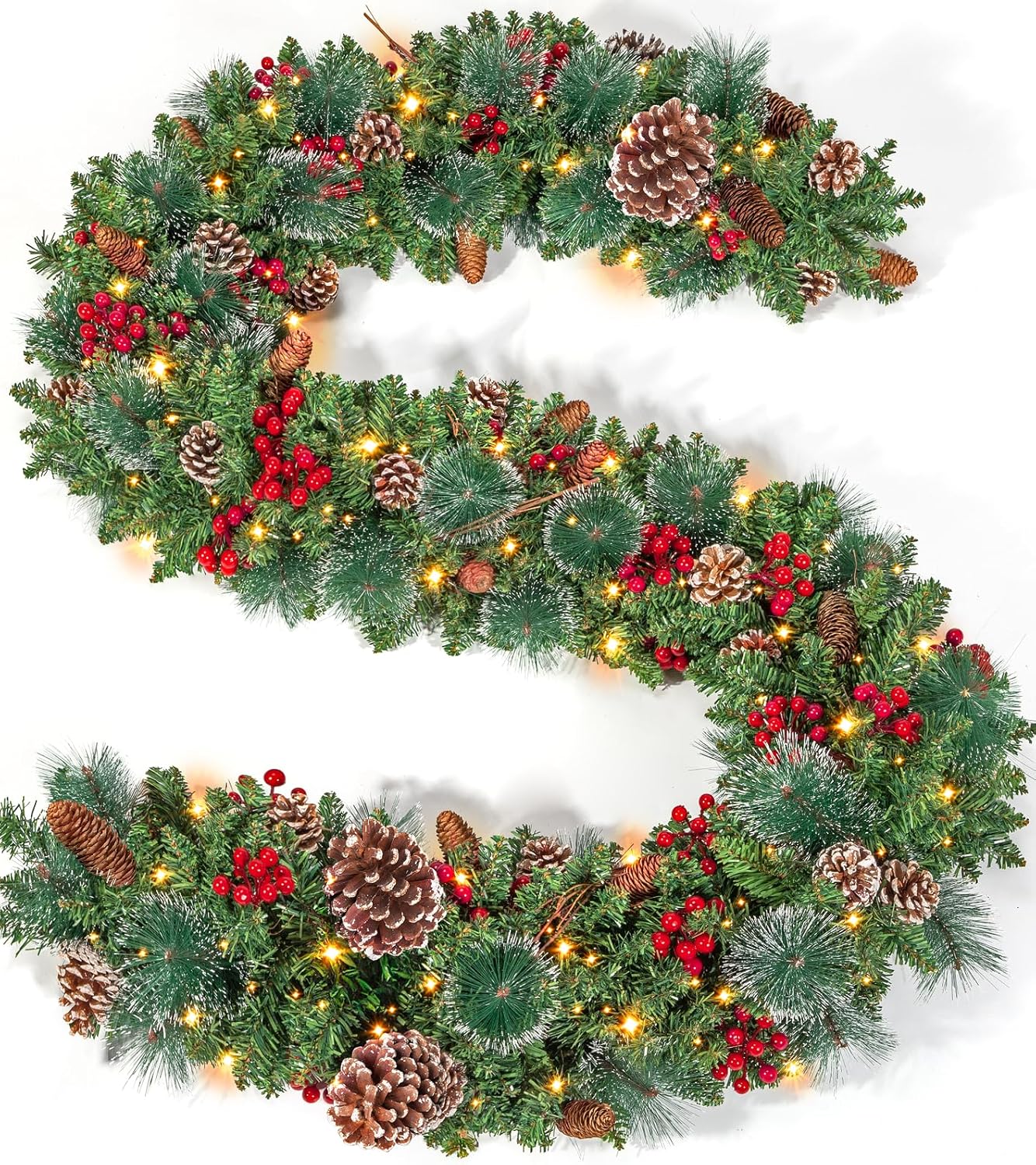 TigeJoy 9FT Luxury Prelit Christmas Garland with Warm White LED Timer Lights, Snow Cedar Garland with Red Berries, Mixed Pinecones, 8 Modes 3AA Battery Operated Xmas Decor for Fireplace Doorway Porch